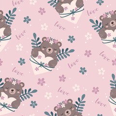 Seamless pattern with cute bears, flowers, hearts and words Love. Vector illustration in hand drawn flat style.
