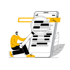 An SEO engineer uses a magnifying glass to view and analyze site search results on a smartphone. Vector illustration on the topic of SEO and website promotion on the Internet.
