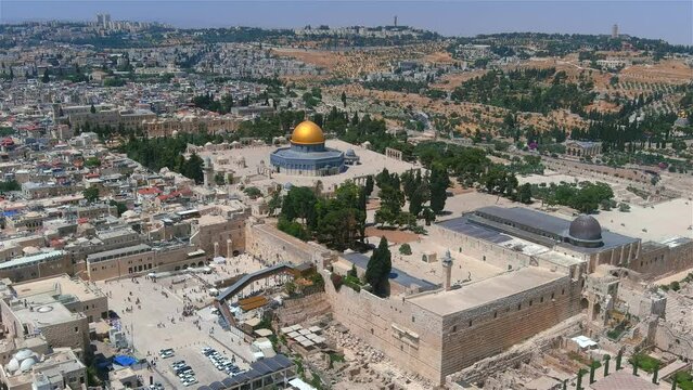 Old city of Jerusalem Dome of the rock and Western wall, aerial
Drone view from Jerusalem Old city Al Aqsa Mosque and Jewish Kotel, June, 2022
