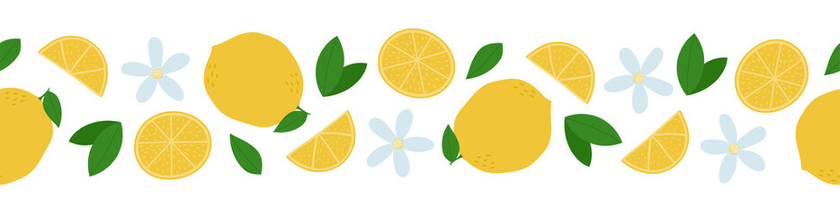 Lemon seamless border. Whole lemons, slices, leaves and flowers on white background