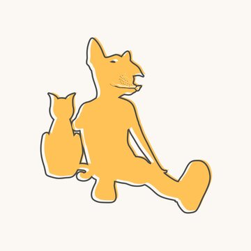 The woman sitting with cat. Woman with head of Bull terrier or big mouse. Outline silhouettes