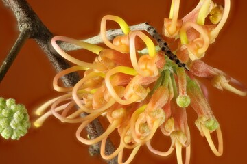 Isolated close-up of Grevillea 'Apricot Glow' inflorescence on stem.