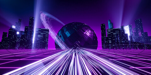 3d rendering sci fi cityscape background. Futuristic cyberpunk city with neon light trail. grid floor and big metal planet. © pprothien