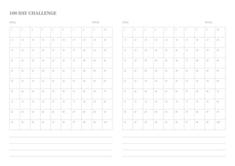 Note, scheduler, diary, planner document template illustration. 100 Day Challenge