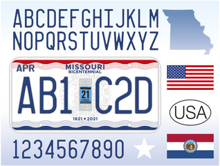 Missouri state license plate pattern with letters and numbers, United States of America