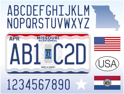 Missouri state license plate pattern with letters and numbers, United States of America