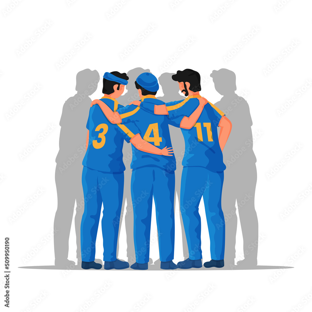 Canvas Prints Back View Of Cricket Players Standing Together On White Background.