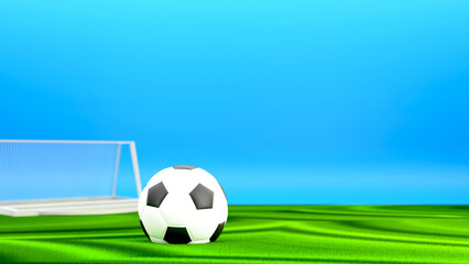 3D Football Playground View With Soccer Ball And Goal Net.