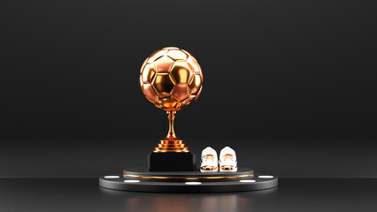 3D Golden Winning Soccer Trophy Cup With Sports Shoes Over Black Podium And Copy Space.