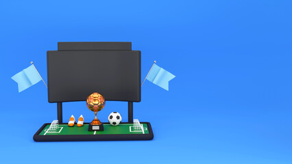 3D Render Of Football Match App In Smartphone With Trophy Cup, Sports Shoe And Copy Space On Blue Background.