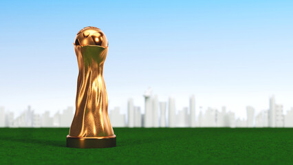 3D Golden Winning Trophy Cup And Blurred Buildings On Green And Blue Background.