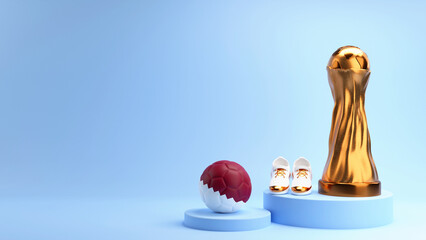 3D Golden Winning Trophy Cup With Football, Sports Shoe And Copy Space On Blue Background.