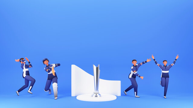 3D Render Of Cricket Players In Different Poses And Silver Trophy Cup On Blue Background With Copy Space.