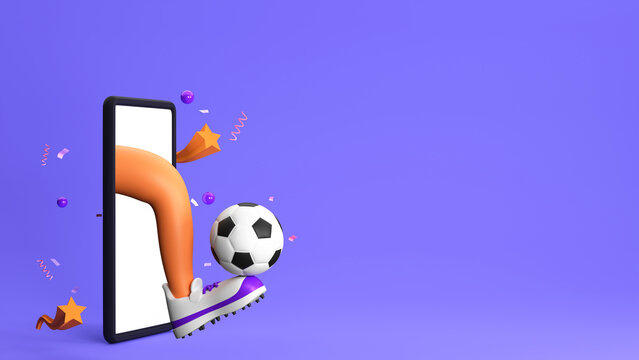 3D Render Of Footballer Player Kicking Ball Through Smartphone And Copy Space For Championship Concept.