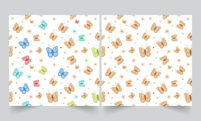 Fototapeta na wymiar Seamless Pattern Of Butterflies And Flowers On White Background In Two Options.