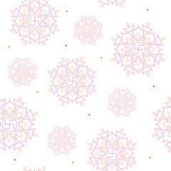 Seamless Pattern Of Dotted Swastika Rangoli Or Mandala With Lit Oil Lamps (Diya) On White Background.