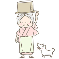 桶を頭に乗せて運ぶ日本の昔話のおばあさん