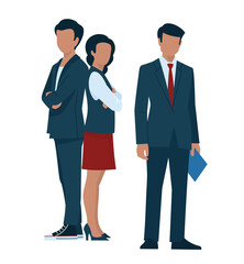 Business people. A man in business suits. The girl and the guy stand with their backs to each other, folded their arms on their chests. Office staff. Vector image.