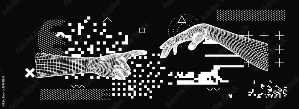 Leinwandbilder 3d low-poly models of hands about to touch each other, as in the 