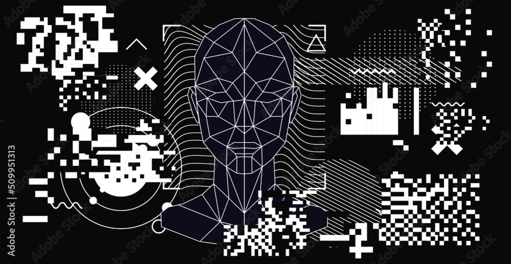 Poster abstract geometric composition with 3d polygonal model of a human head. sci-fi futuristic vector ill