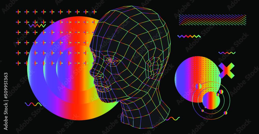 Poster abstract geometric composition with 3d polygonal model of a human head. sci-fi futuristic vector ill