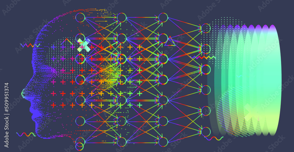 Aufkleber Abstract composition with 3D pixel human head and geometric shapes. Sci-fi futuristic style vector illustration in holographic colors.