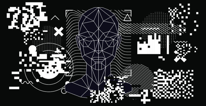 Abstract geometric composition with 3D polygonal model of a human head. Sci-fi futuristic vector illustration.