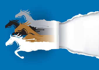 Paper Horses ripping paper.
Illustration of four horses silhouettes tearing blue paper background. Banner template. Vector available.