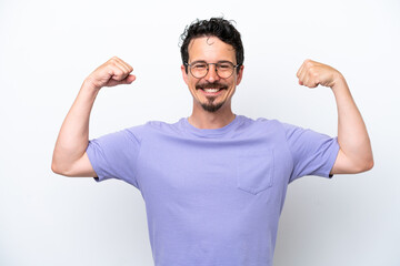 Fototapeta premium Young man with moustache isolated on white background doing strong gesture