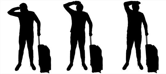 The guy with the suitcase is waiting, watching the situation, he raised his hand to his head to focus his vision. A man with a suitcase on wheels. Full face. Three black male silhouettes isolated
