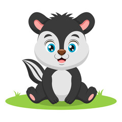 Cute baby skunk cartoon sitting in the grass