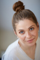 Face woman portrait with natural skin. Head shot with shallow depth of field portraits.