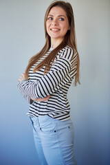 Obraz premium Smiling woman dressed casual clothes looking away. isolated portrait of young woman.