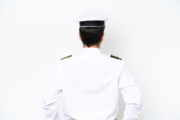 Airplane caucasian pilot isolated on white background in back position