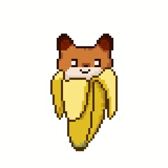 Cartoon character Brown fox with banana in pixelart with white background. Asset game. 