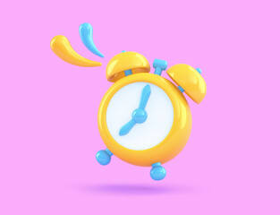 Yellow and blue alarm clock isolated on purple background. Clipping path included
