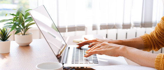 Cropped image professional business woman working in her office via laptop, young female manager...