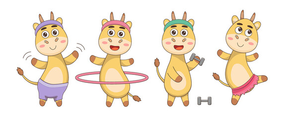 Set of cartoon cows of athletes. Baby vector illustration