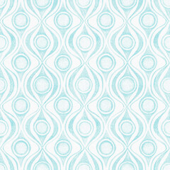 Abstract ornamental geometric seamless pattern with turquoise contours on textured white background. Template for design, textile, wallpaper, wrapping, ceramics.