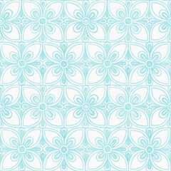 Abstract ornamental geometric seamless pattern with turquoise contours of abstract flowers and circles on textured white background. Template for design, textile, wallpaper, wrapping, ceramics.