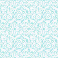 Abstract ornamental geometric seamless pattern with turquoise contours of abstract flowers and circles on textured white background. Template for design, textile, wallpaper, wrapping, ceramics.