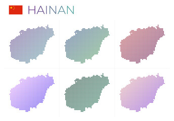 Hainan dotted map set. Map of Hainan in dotted style. Borders of the island filled with beautiful smooth gradient circles. Modern vector illustration.