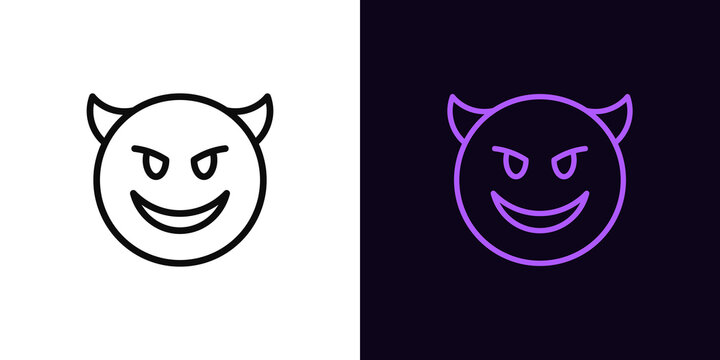 Outline devil emoji icon, with editable stroke. Evil emoticon with horns and smile, demon face pictogram. Mockery emoji