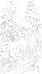 contour coloring page with the image of a long-haired girl with a leopard surrounded by flowers.