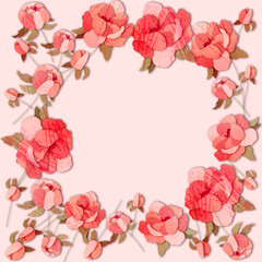 A bright print with the image of pink flowers in a round composition.