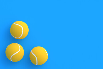 Orange tennis balls in corner on blue background. International championship. Sports equipment. Active sport. Game for laisure. Flat lay. Copy space. 3d render