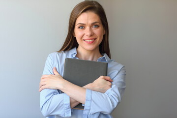 Teacher woman holding book. Isolated portrait student girl.