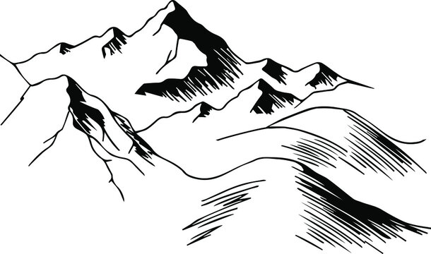 Mountain landscape line art. Minimal outline vector background with mountain ranges