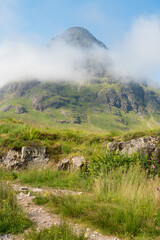 View of a mountain partially covered in low clouds and mist in Glen Coe, Scottish Highlands, UK, with rocks and flowers on the foreground