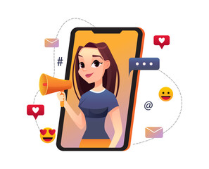 Fototapeta premium Influencer marketing illustration with woman holding megaphone isolated on white background. Female Cartoon character.